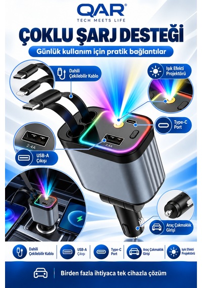 4 Ü 1 Arada Araç Şarj Aleti Type-c Ve Lightning Kablolu Hızlı Şarj Çakmaklık Adaptörü