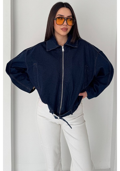 Blanco Kadın Kemer Detaylı Kot Ceket Oversize Fermuarlı Denim Ceket Lacivert Lacivert