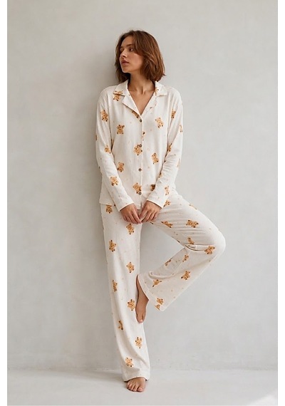 Fit Women Kadın Gömlek Yaka Düğmeli Gece Giyimi Beyaz Pijama Takımı