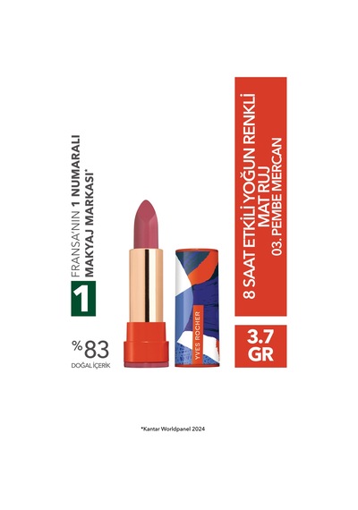 Yves Rocher 8 Saat Etkili Yoğun Renkli Mat Ruj-03. Pembe Mercan-3.8 G-83535 03 Pembe Mercan