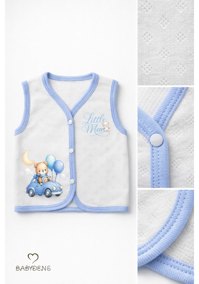 Babyden's Erkek Bebek 3 Lü Jakarlı Yelek Set Çıtçıtlı Bebek Yeleği Ayıcık Baskılı,pamuklu,yenidoğan Yelek Seti Ekru - Mavi