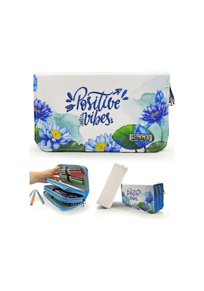 Kalem Kutusu Lotus Positive Vibes Kawai Organizer Kalemkutu Vegan Deri Üç Bölmeli Kalemlik Mavi