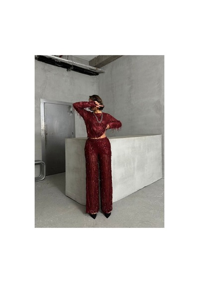 Verymoda Pullu Tül Pantolon F1611 Bordo