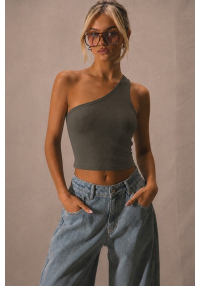 Cool Tarz Kadın Tek Omuz Crop Atlet Esnek Slim Fit Süprem Kumaş Asimetrik Yaka Bluz Haki Haki