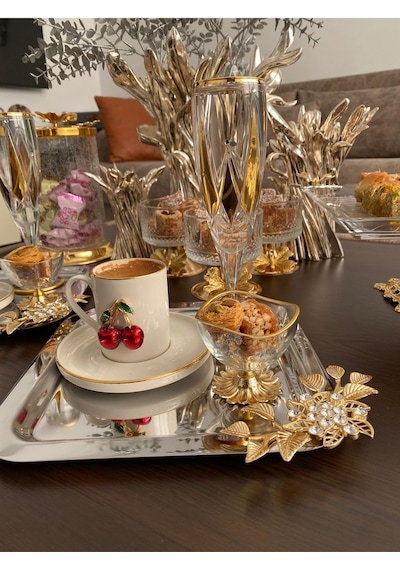 Atabey Home Collection 6'lı Kahve & Çay & Sunum Tepsisi Çelik Gümüş Tepsi Lüx Taşli Model