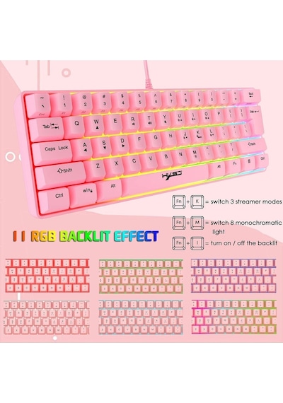 Trol Blue Switch Mini Rgb Oyun Klavyesi Gaming 62 Tuşlu 18 Rgb Led Usb Tip-c Kablosu Pembe Uyumlu