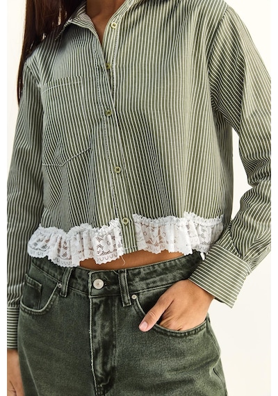 Shade Kadın Dantel Detaylı Çizgili Poplin Crop Gömlek Dg261023 60286099 - Haki