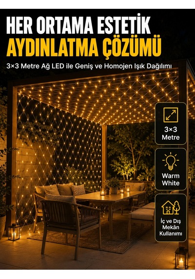 3x3 Metre Ağ Led İle Bahçenize Sıcak Ve Şık Aydınlatma Çok Renkli