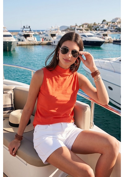 Lela Pamuklu Kolsuz Dik Yaka Bayan T Shirt 5865710 Nar Çiçeği