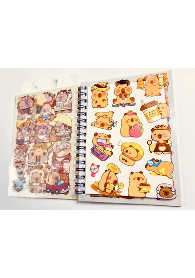 3'ü 1 Arada Spiral Defter Capybara 11x16.5 Cm Sticker Defteri Sarı Çok Renkli