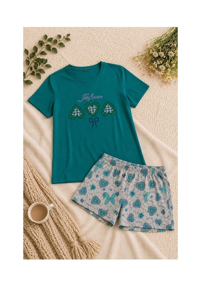 Tenra Kadın Şortlu Pijama Takımı %100 Pamuk Yeşil