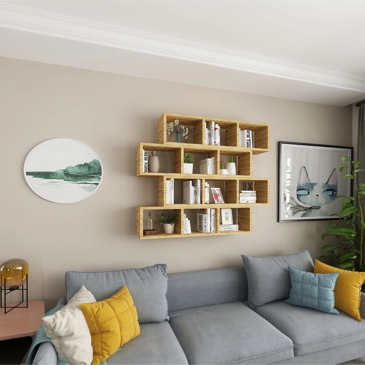 Kitaplık Modern Duvar Rafı Salon Yatay 4 Lü Takım Atlantik Çam Atlantik Çam