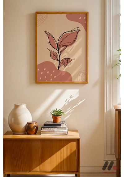 Pembe Yaprak Soyut, Ahşap Çerçeveli Duvar Tablosu - Modern Ev Dekorasyonu