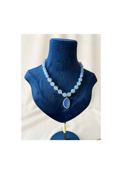 Doğal Opal & Akuamarin Taşı Kolye 52 Cm El Yapımı Tasarım Doğaltaş Kolye Mavi Mavi