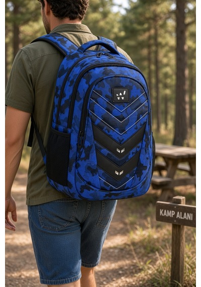Komando Sırt Çantası Mavi Kamuflaj 3 Gözlü Kamp Ve Outdoor 46x32x18 Cm Çok Renkli