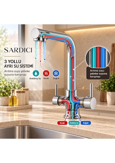 Sardıcı Arıtma Bağlantılı 3 Yollu Çift Kumandalı Mutfak Bataryası Krom