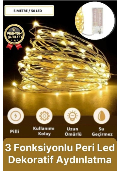 Dekoratif Aydınlatma Yeni Yıl Yılbaşı Pilli 3 Fonksiyonlu Günışığı Sarı Renk Peri Led Işık 5 Metre