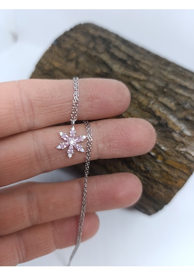 925 Ayar Gümüş Kolye Hediye Kutulu Pembe Taşlı Lotus Çiçeği Modeli -1016 Pembe