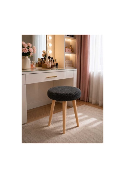 Solo Teddy Kumaş Kaplı Tabure Puf Makyaj Masası Mutfak Balkon Salon Ahşap Ayaklı Tabure Antrasit Gri