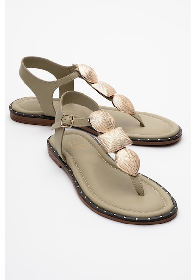 Luvishoes Luvi Shoes Helen Yeşil Hakiki Deri Parmak Arası Gold Tokalı Kadın Sandalet Yeşil
