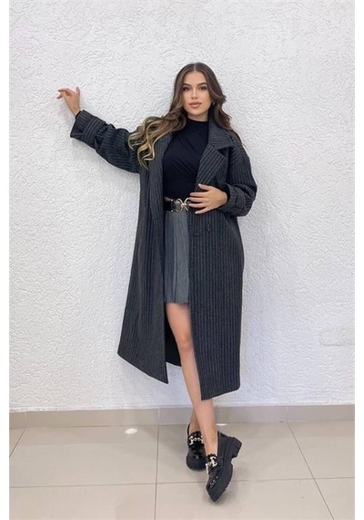 Dip Moda Kadın Siyah Çizgili Oversize Kaşe Kaban Dpnbshnz08 Siyah
