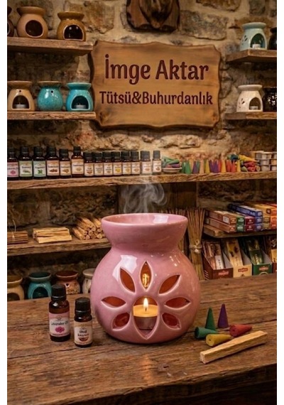 Pembe Lotus Desenli Seramik Buhurdanlık Mumluk Dekoratif Çok Renkli