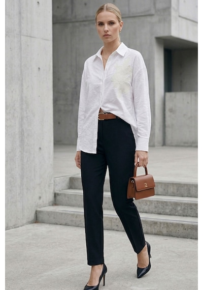 Kadın Beyaz Gömlek Düz Nakış Detaylı Uzun Kollu Oversize Şık Günlük Smart Casual Bluz - Kadın Gömlek