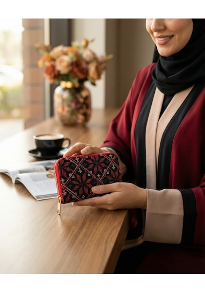 Zaytoon Filistin Geleneksel Renkli Kırmızı Nakışlı Tek Fermuarlı Kadın Büyük Cüzdeni 14x9 Cm A100030 Kırmızı