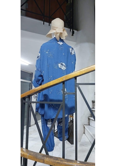 Boho Şalvar Pantolon Asimetrik Ceket Takım Mavi