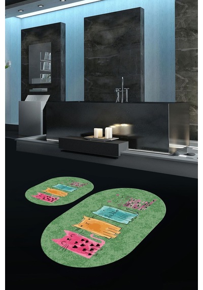 Buççin Online Mağaza Dijital Kaymaz Yıkanabilir Kedi Desen Oval Banyo Takımı Klozet Takımı-yeşil Polyester Yeşil Çok Renkli