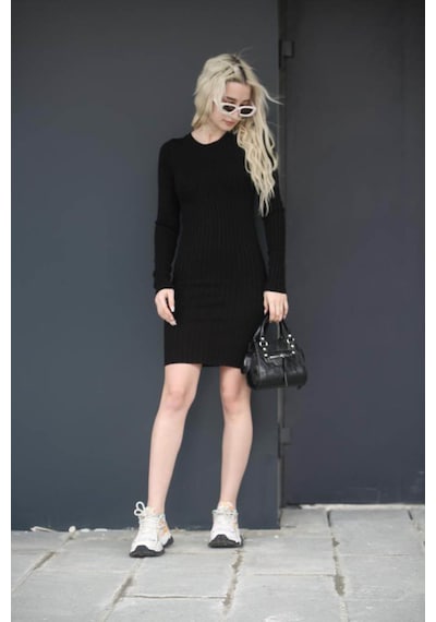 Madmext Siyah Bodycon Fitilli Mini Elbise Mg1710-siyah