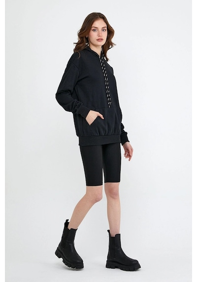 Startmore Kadın Beyaz Kapüşonlu Kanguru Cep Sweatshirt Siyah