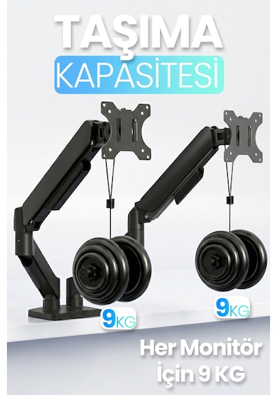 Çiftli Monitör Kolu Vesa Uyumlu Hareket Ayarlanabilir Monitör Standı 17-32" 9+9 Kg Kapasite Tutucu