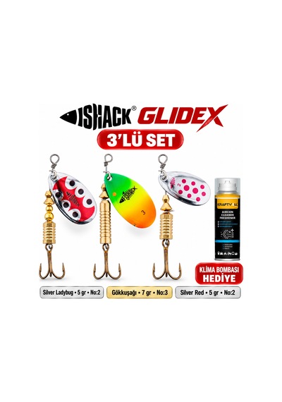 Fishack Glidex 3'lü Döner Kaşık Seti + Klima Bombası - Silver Ladybug 5 Gr No:2 + Gökkuşağı 7 Gr No:3 + Silver Red 5 Gr No:2