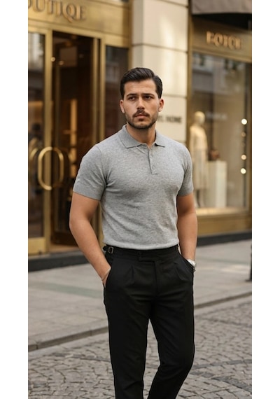 Defymoda Erkek Düğme Yakalı Kısa Kollu Pamuk Triko Tişört Gri