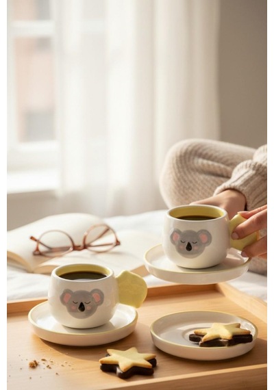 2 Kişilik Seramik Kahve Fincanı Kabartma Koala Figürlü Beyaz - Sarı