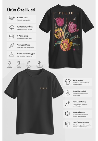 Spoyi Tulip Tasarımlı %100 Pamuk Yarım Oversize Siyah T-shirt