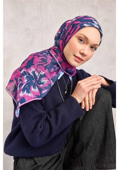 Silk Home Pamuk Polyester Soft Eşarp Mavi Fuşya Büyük Papatya Desenli Tok Duruşlu 90x90 Çok Renkli