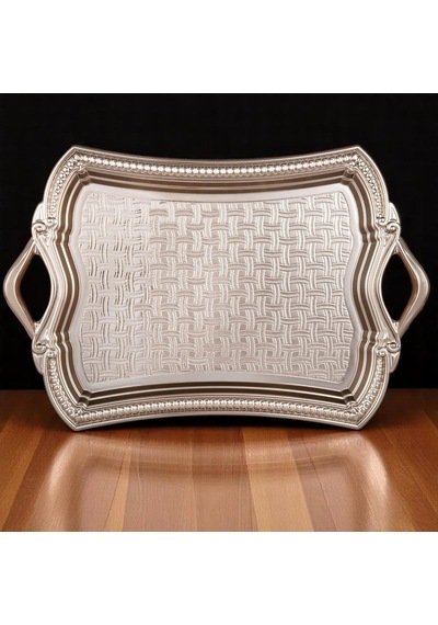 Alisveristime Osmanlı Motifli Dikdörtgen Metal Servis Tepsisi Kulplu 2 Kişilik Sunum Tepsisi, 37 X 23 Cm, 373 G,