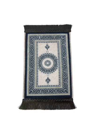 Mini Alın Seccadesi Kaymaz Taban Desenli Cep Tipi Seyahat Namaz Seccadesi - Lacivert / Krem