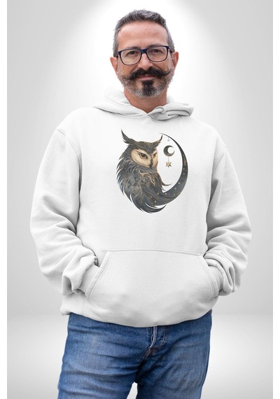 Ay Yıldız Bakır Renk Baykuş Kadın Erkek Beyaz Kapüşonlu Sweatshirt Hoodie Beyaz