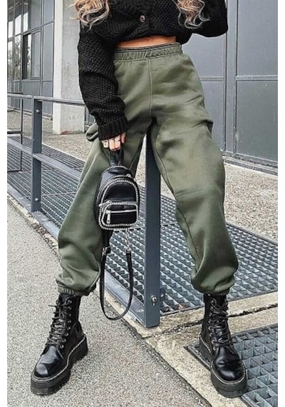 Madmext Mad Girls Haki Paça Lastikli Oversize Kadın Eşofman Mg324 Haki