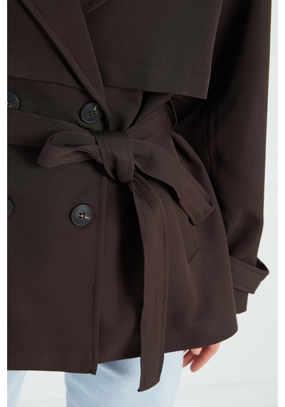 Fullamoda Beli Kemerli Kruvaze Yaka Oversize Trençkot Kahve