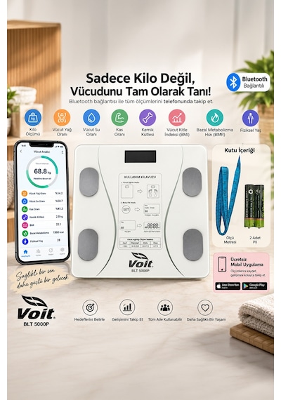 Voit Blt5000 Bluetooth Baskül - Dijital Akıllı Tartı - Yağ Ölçer Tartı - Pil Ve Mezura Hediyeli Tartı - Beyaz