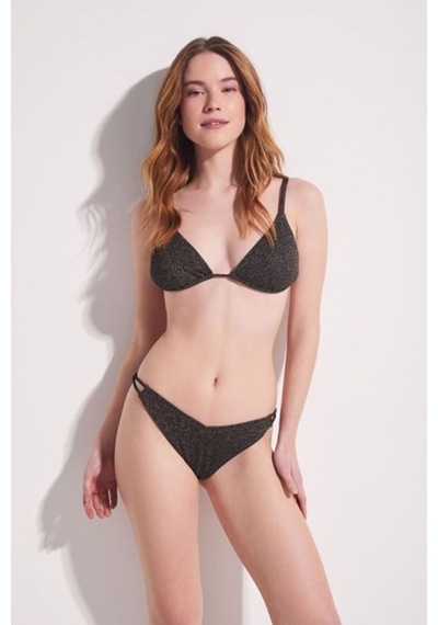 Kom Çıkarılabilir İnce Kaplı Simbasy Simli Kumaşlı İpli V Altlı Üçgen Bikini Takımı Siyah