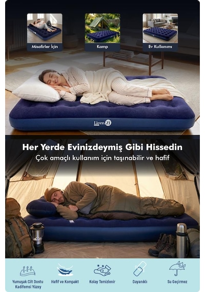 Livenzi Tek Kişilik Şişme Yatak & Yastık 191 76 22 Cm Lacivert