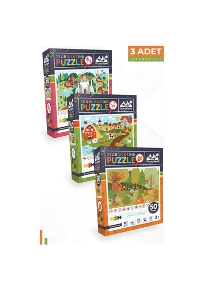 3'lü 50 Parça Ara Ve Bul Puzzle - Sihirli Unıcorn Ve Çiftlik Arkadaşları Ve Sonbahar Ormanı
