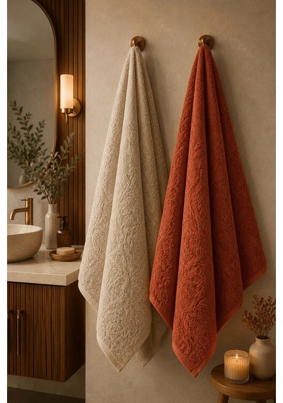 2'li Jakarlı Büyük Boy Banyo Havlusu 90x150 Cm %100 Pamuk Lorea 650 Gr Bej-fuşya