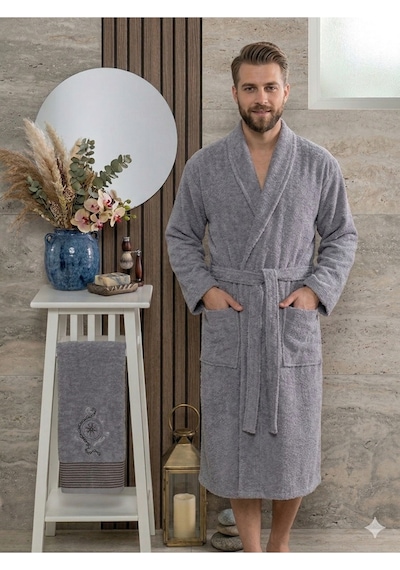 Premium 2'li Aile Bornoz Seti Çeyizlik Pamuklu Hediyelik Banyo Takımı S/m Antrasit
