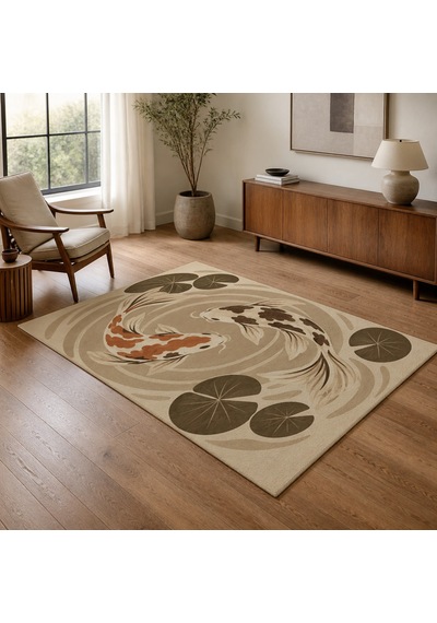 Kartela Halı Koi Balığı Desenli Halı Bej Kaymaz Taban Makinede Yıkanabilir Salon Halısı 120x180 Cm